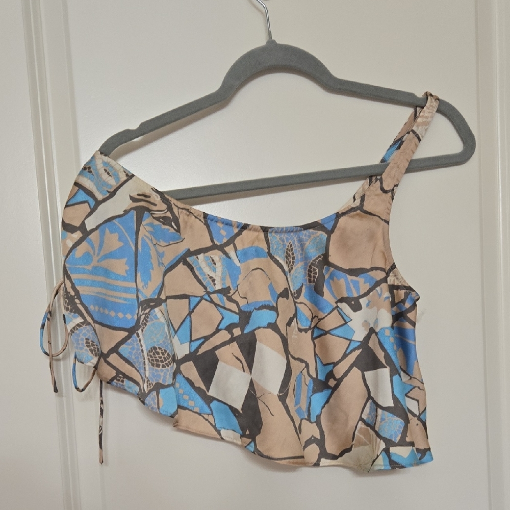 Urban Outfitters Blue and Tan Asymmetrical Crop Top